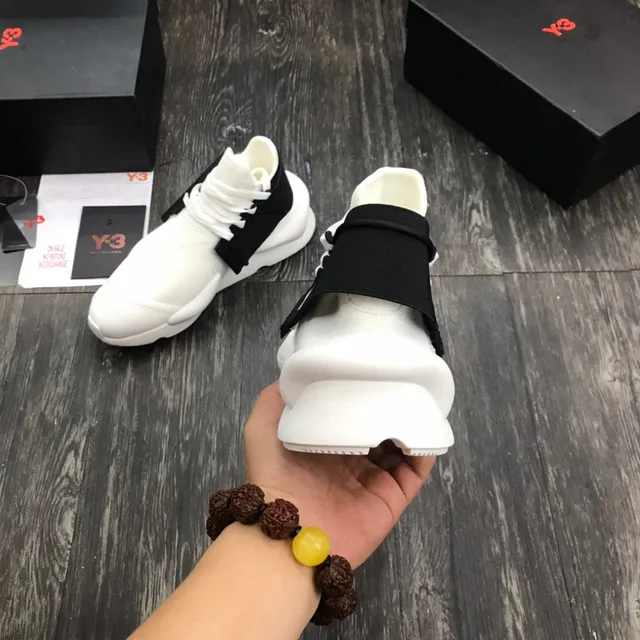Y-3 أبيض أسود Knit أعلى إغلاق حزام مرن Sneakers أسلوب حياة 4