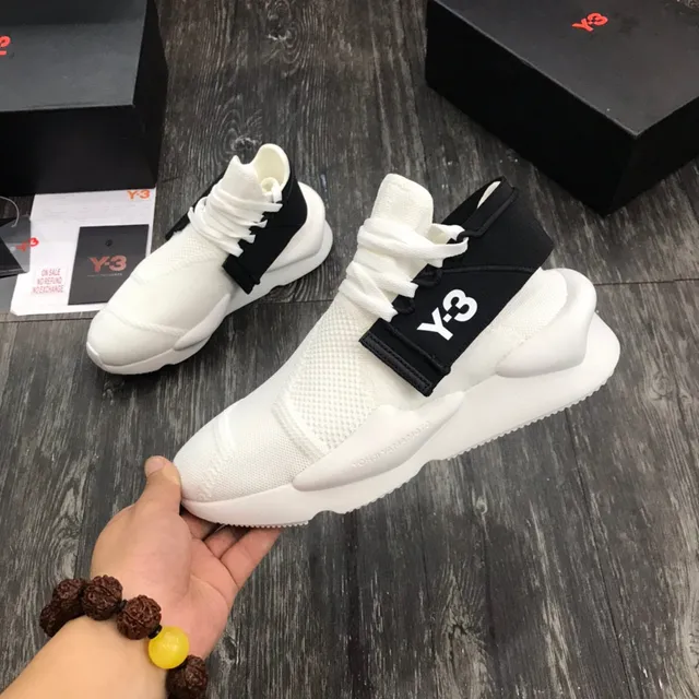 Y-3 أبيض أسود Knit أعلى إغلاق حزام مرن Sneakers أسلوب حياة 5