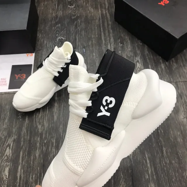 Y-3 أبيض أسود Knit أعلى إغلاق حزام مرن Sneakers أسلوب حياة 6