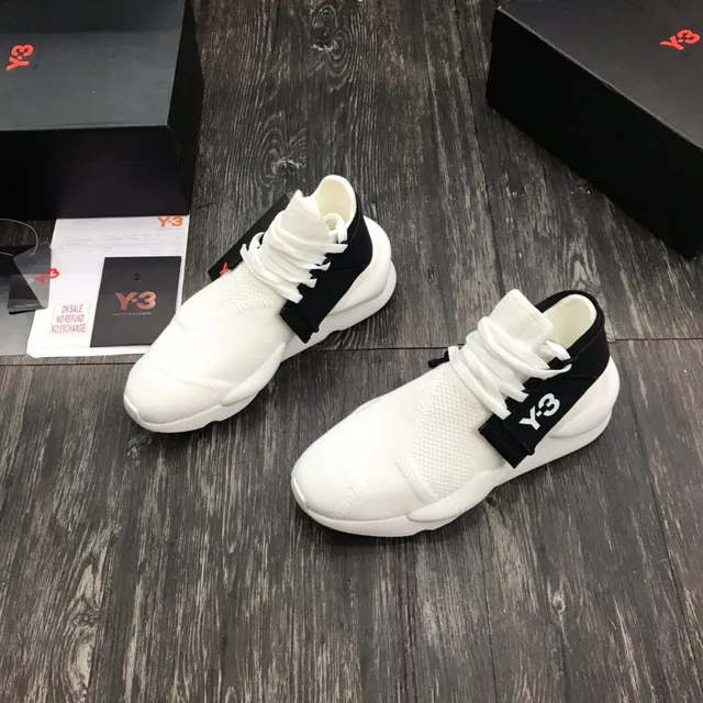 Y-3 أبيض أسود Knit أعلى إغلاق حزام مرن Sneakers أسلوب حياة 8