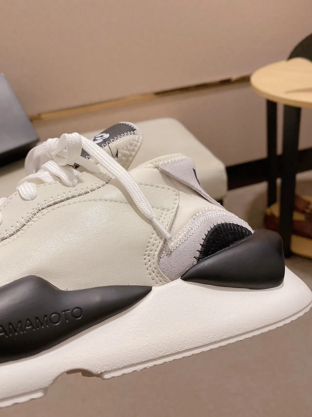 Yohji Yamamoto Beige Black Asymmetrical Midsole Wrap Layered Leather Upper Lifestyle Sneakers 4