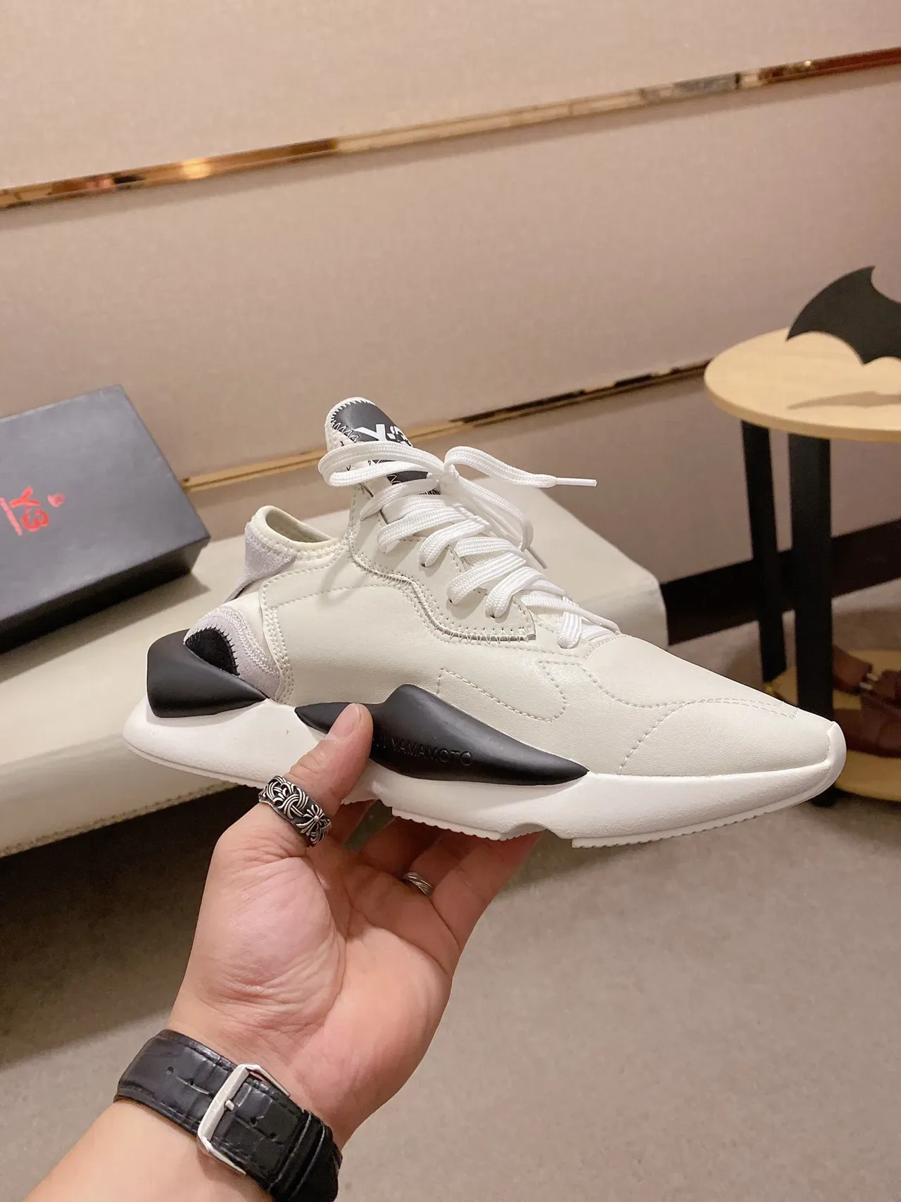 Yohji Yamamoto Beige Black Asymmetrical Midsole Wrap Layered Leather Upper Lifestyle Sneakers 7