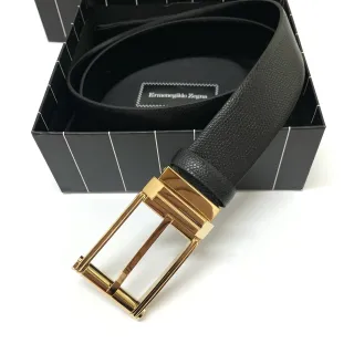 Ermenegildo Zegna काला सोना बनावटदार पेबल्ड पॉलिश्ड आयताकार बकल लेदर बेल्ट