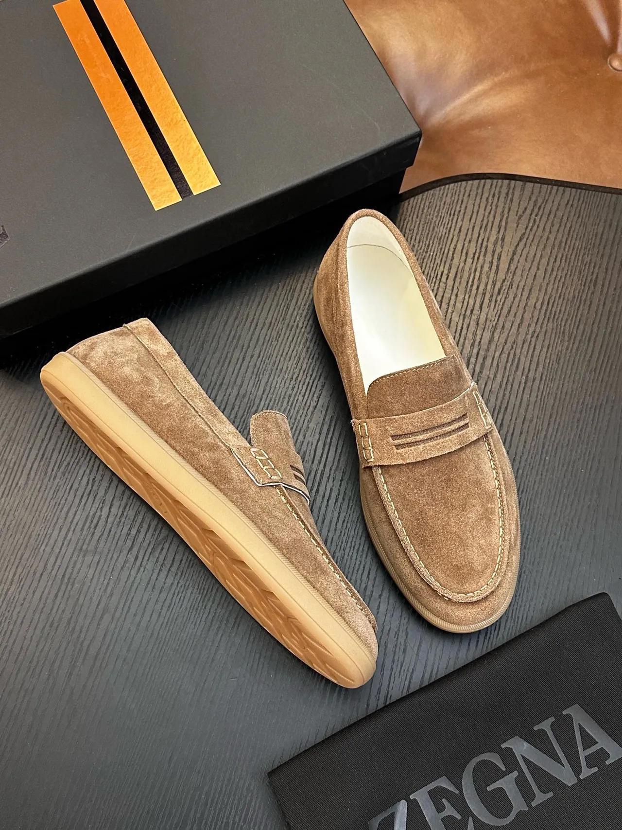 Zegna Beige Brown Suede Upper Penny Strap Loafer 5