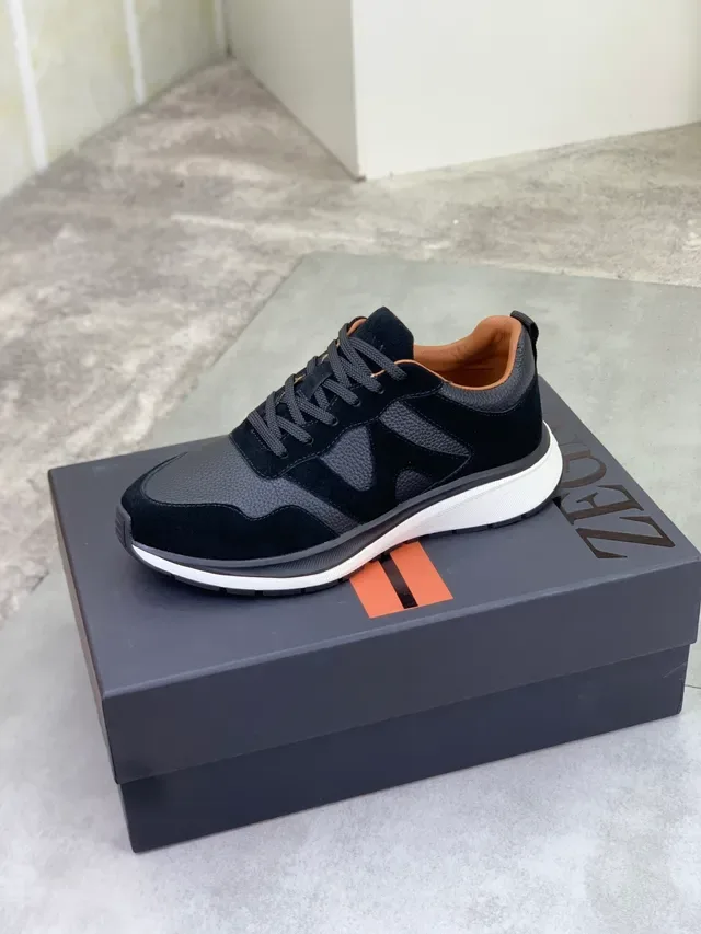 Zegna Sneakers Lifestyle en Cuero de Gamuza Negro y Gris 4