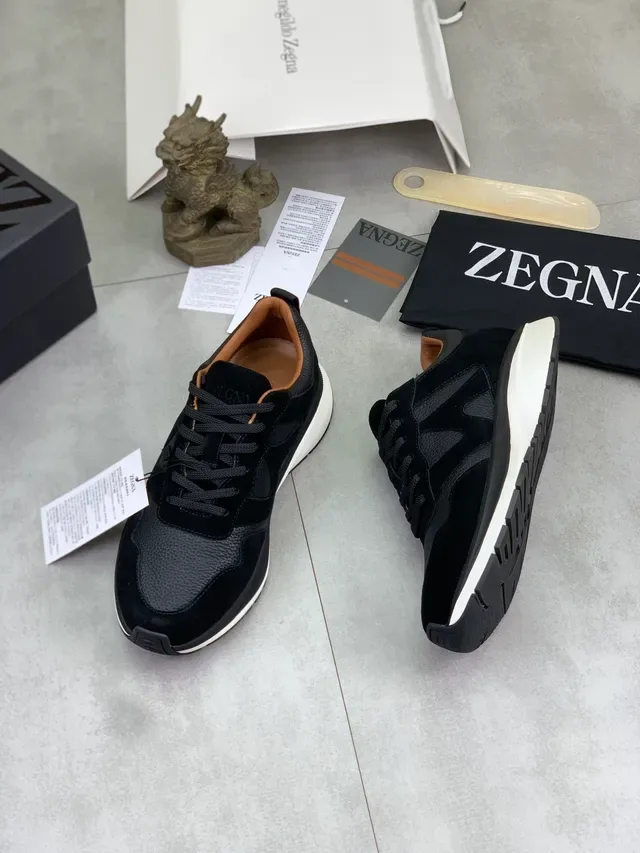 Zegna Sneakers Lifestyle en Cuero de Gamuza Negro y Gris 5