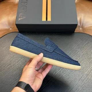 Zegna नीली भूरी डेनिम ऊपरी पेनी स्ट्रैप लूफर