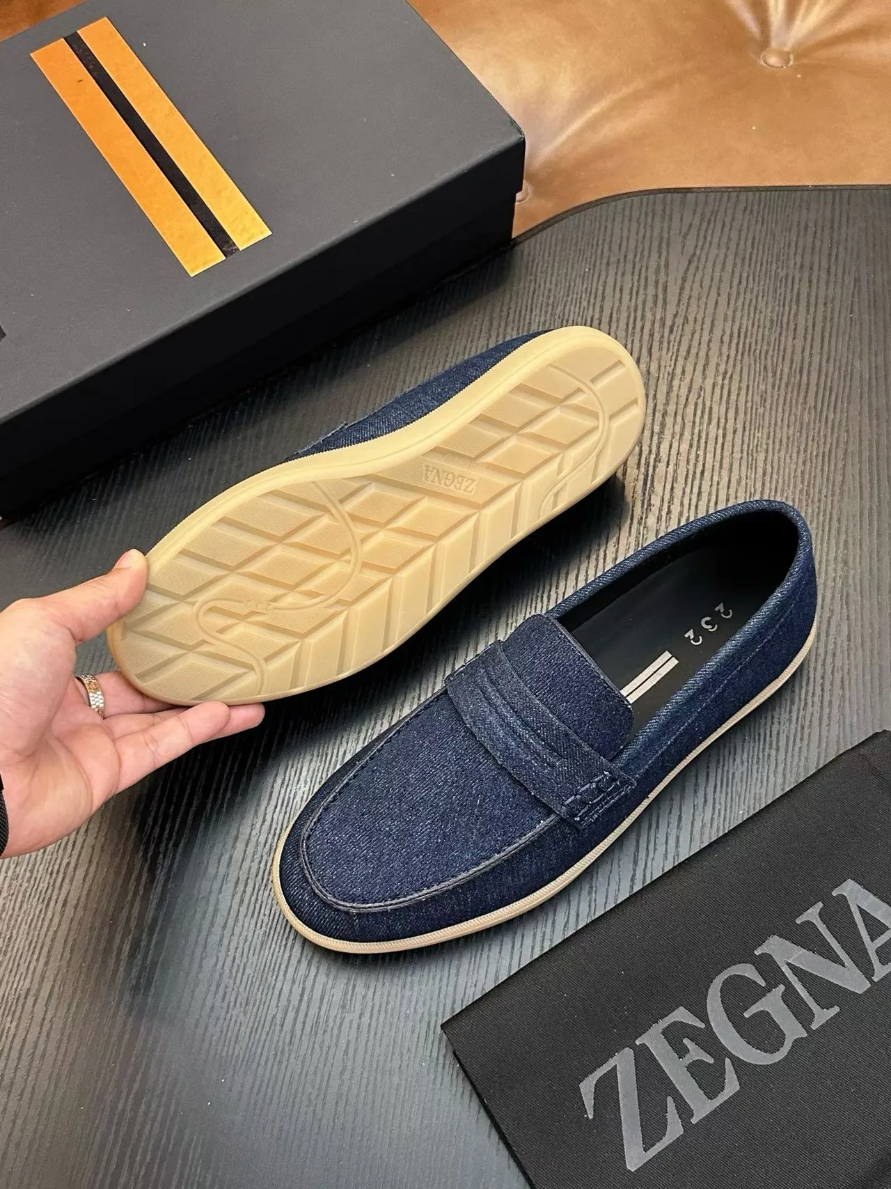 Zegna नीली भूरी डेनिम ऊपरी पेनी स्ट्रैप लूफर 2