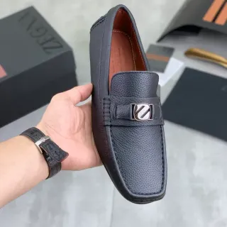 Zegna Loafer Black Brown Pebbled Leather Metal Buckle Strap Loafer