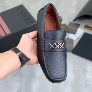 Zegna Loafer Black Brown Pebbled Leather Metal Triple-Bar Strap Loafer