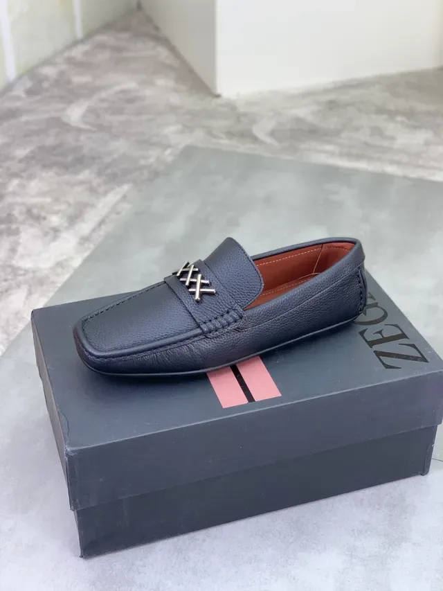 Zegna Loafer Black Brown Pebbled Leather Metal Triple-Bar Strap Loafer 4