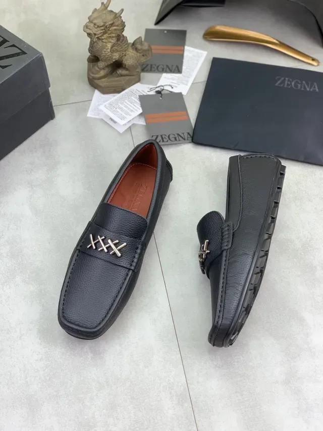 Zegna Loafer Black Brown Pebbled Leather Metal Triple-Bar Strap Loafer 5