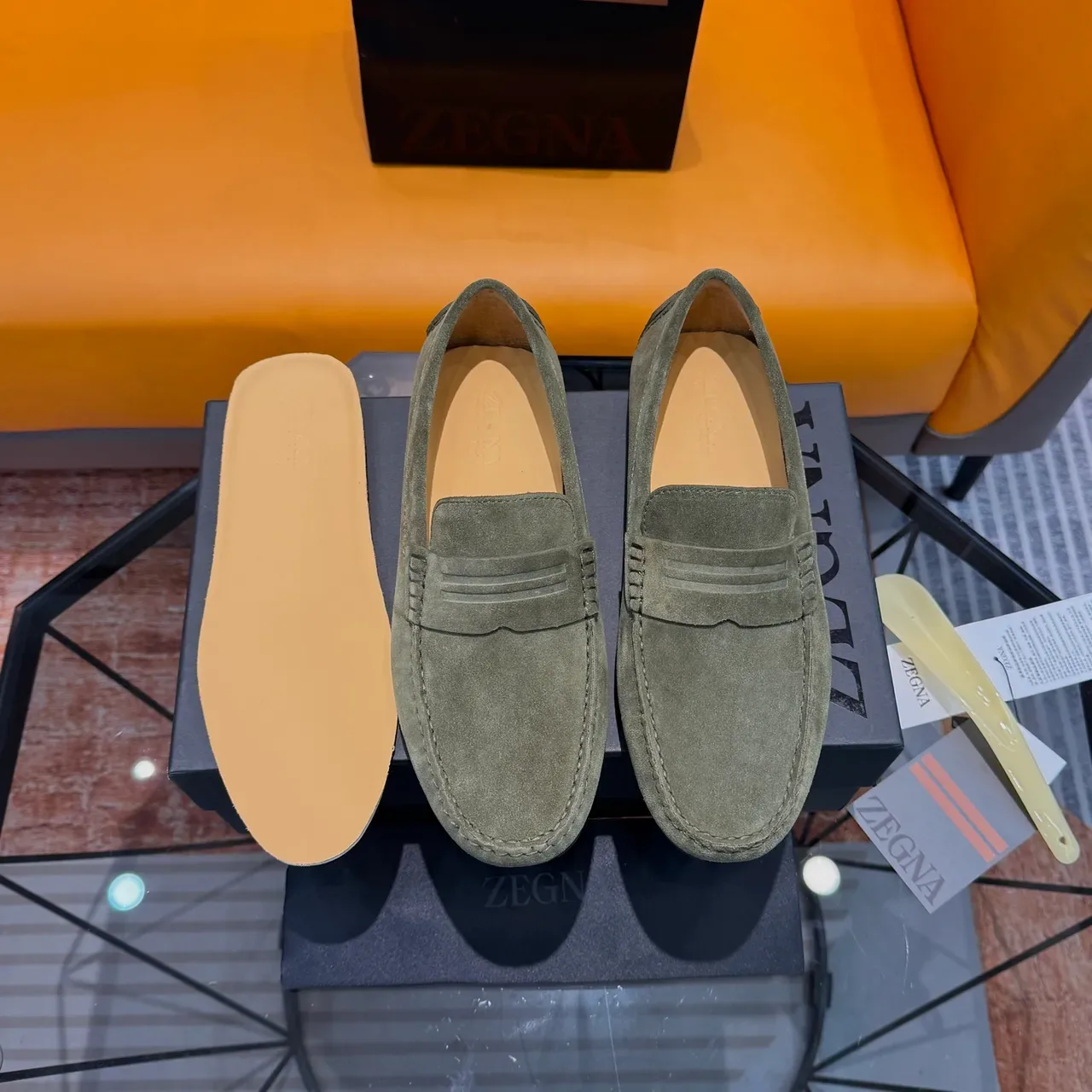 Zegna পুরুষদের অলিভ গ্রিন সোয়েড পেনি লোফার 4