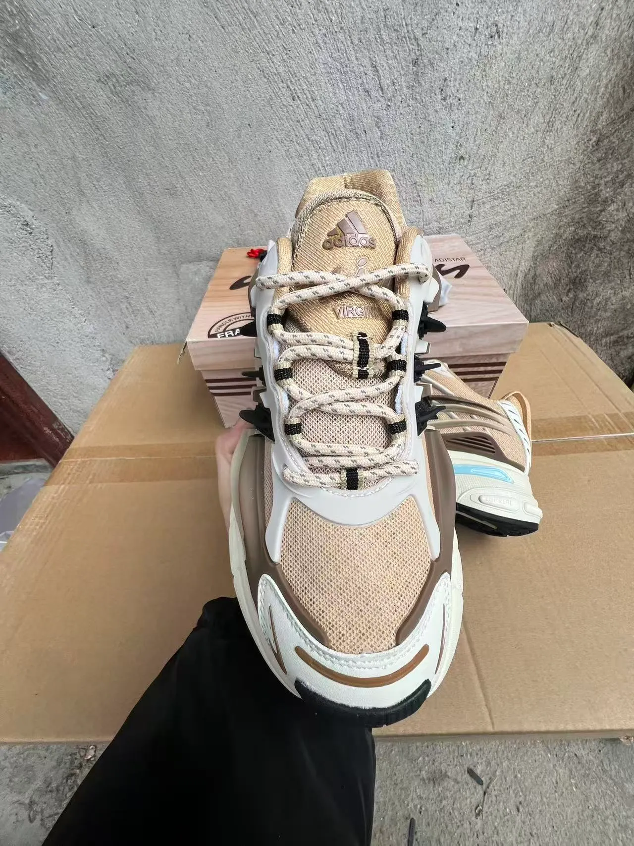 Adidas Beige Blue Sole Layered Cage Overlay Chunky Sneakers 3