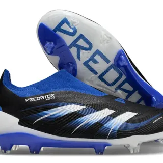 Adidas Chaussures de football noir bleu avec collet de type chaussette, empeigne rayée dégradée, crampons pour terrain ferme