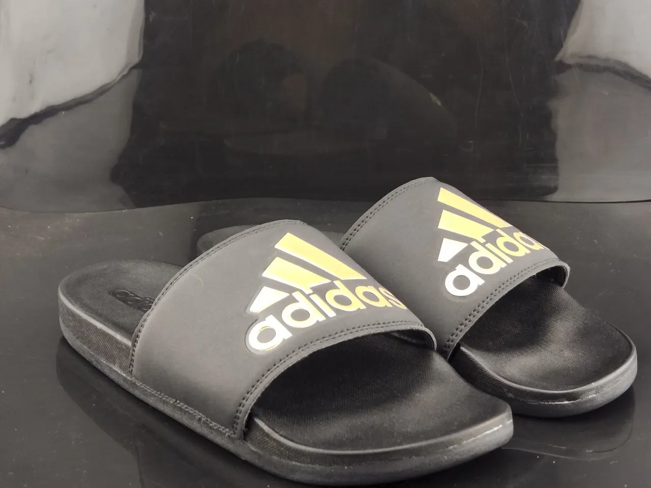 Adidas Black Gold Molded Sole Wide Stitched Strap Slippers 4