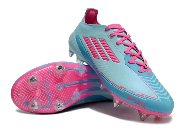 Adidas F50 Messi Azul claro y rosa Tacón firme Zapatos de fútbol 4