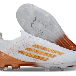 Adidas F50 Blanc Orange Bas Coupe Clous Moulés Terrain Ferme Chaussures de Football