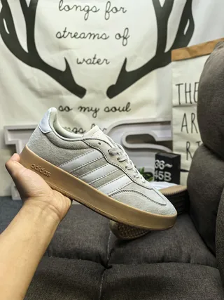 Adidas Gray Beige Suede And Leather Upper Three-Stripe Side Panel Lifestyle Sneakers 5