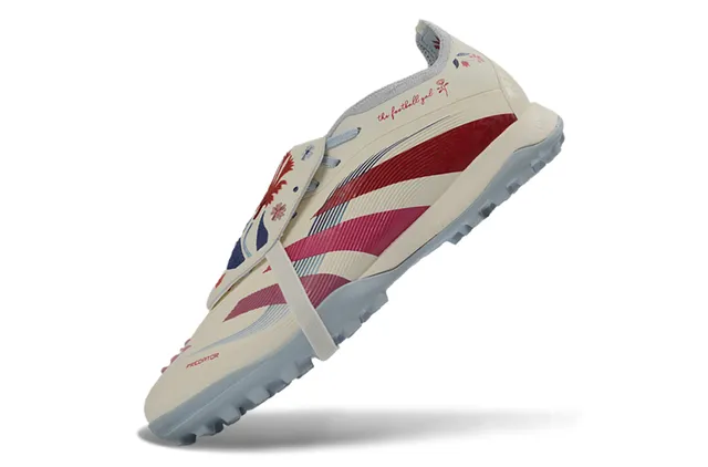 Adidas Predator 米色红 低帮系带 合成覆盖面板 草地足球鞋 3