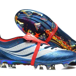 Adidas Predator Bleu Rouge Iridescent Holographique Supérieur Lacets Asymétriques Sangle Terrain Ferme Chaussures de Football