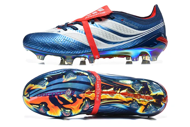 Adidas Predator أزرق أحمر إيريديسينت هولوغرافيك علوية لاسات غير متماثلة حزام أرض صلبة أحذية كرة القدم 9