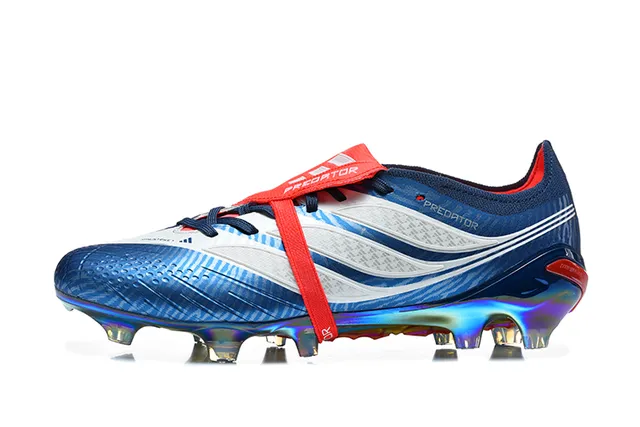 Adidas Predator أزرق أحمر إيريديسينت هولوغرافيك علوية لاسات غير متماثلة حزام أرض صلبة أحذية كرة القدم 10