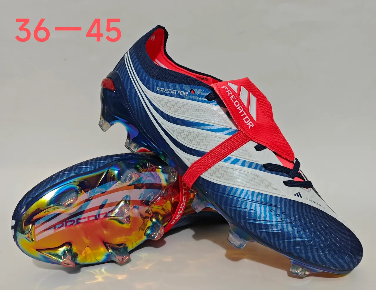 Adidas Predator أزرق أحمر إيريديسينت هولوغرافيك علوية لاسات غير متماثلة حزام أرض صلبة أحذية كرة القدم 12