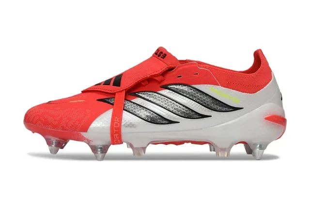 Adidas Predator Rojo Blanco Upper Negro Tres Rayas Firm Ground Zapatos de Fútbol 7