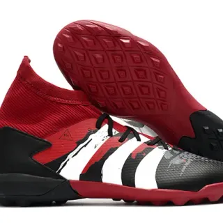 Adidas Vermelho Preto Alto Corte Colar Ajuste de Meia Sistema de Cadarço Assimétrico Gramado Sapatos de Futebol