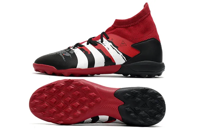 Adidas Vermelho Preto Alto Corte Colar Ajuste de Meia Sistema de Cadarço Assimétrico Gramado Sapatos de Futebol 21