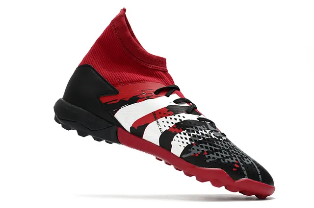 Adidas Vermelho Preto Alto Corte Colar Ajuste de Meia Sistema de Cadarço Assimétrico Gramado Sapatos de Futebol 22