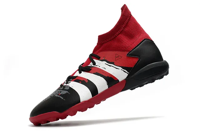 Adidas Vermelho Preto Alto Corte Colar Ajuste de Meia Sistema de Cadarço Assimétrico Gramado Sapatos de Futebol 23