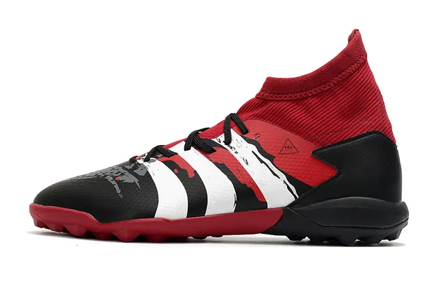 Adidas Vermelho Preto Alto Corte Colar Ajuste de Meia Sistema de Cadarço Assimétrico Gramado Sapatos de Futebol 24