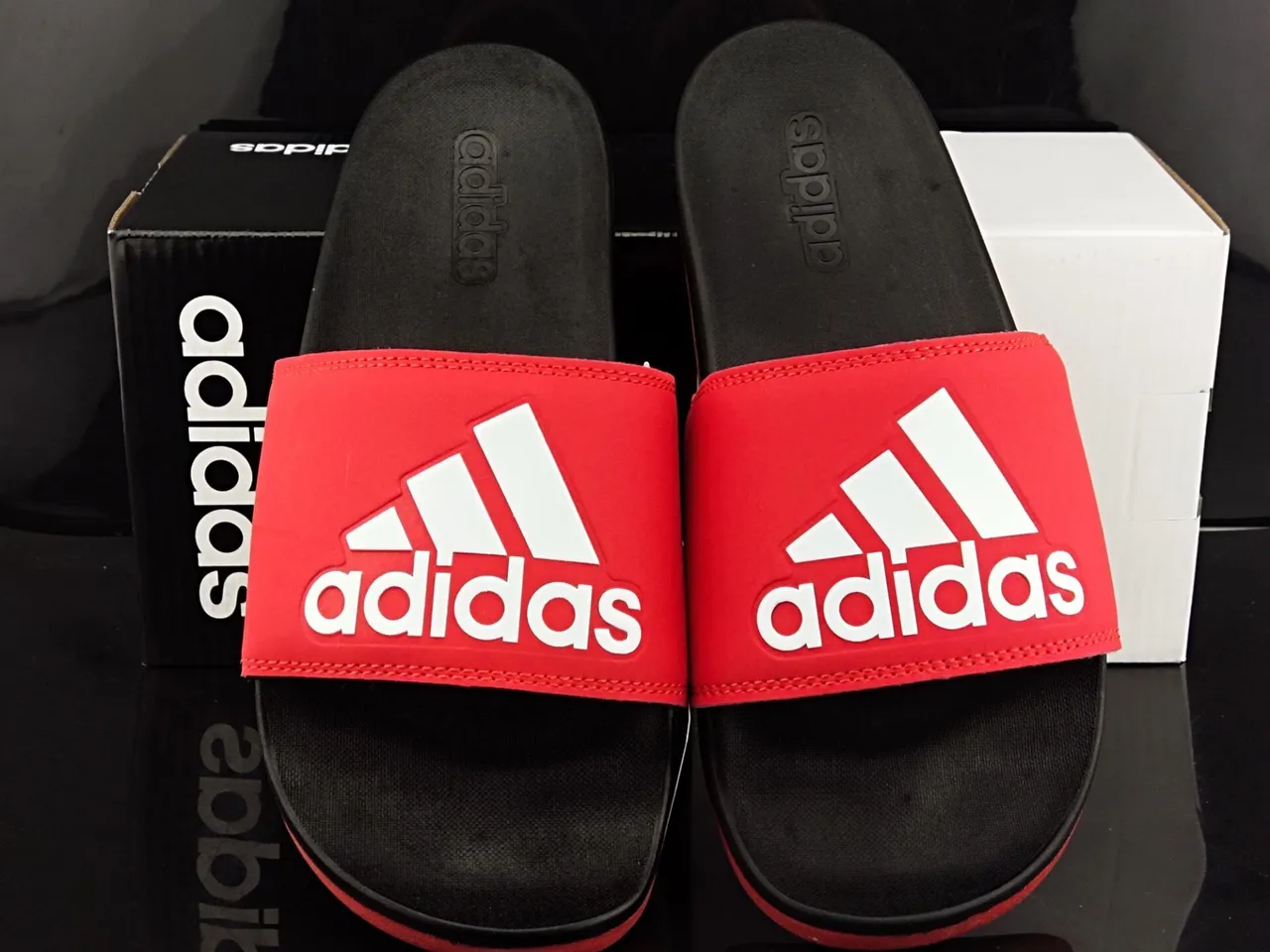 Adidas Red Black Wide Single Strap Molded Footbed Slippers 5