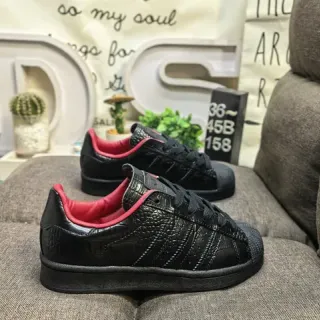 Adidas Superstar 黑色红色 鳄鱼压花皮革鞋面 内衬 生活方式运动鞋