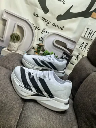 Adidas White Black Engineered Knit Upper Three Stripes Running Shoes 7