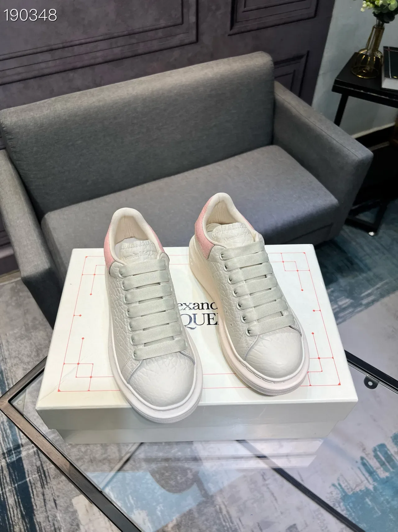 Alexander McQueen Oversized Sneaker White Pink Platform Croc-Embossed Leather Lifestyle Sneakers 6