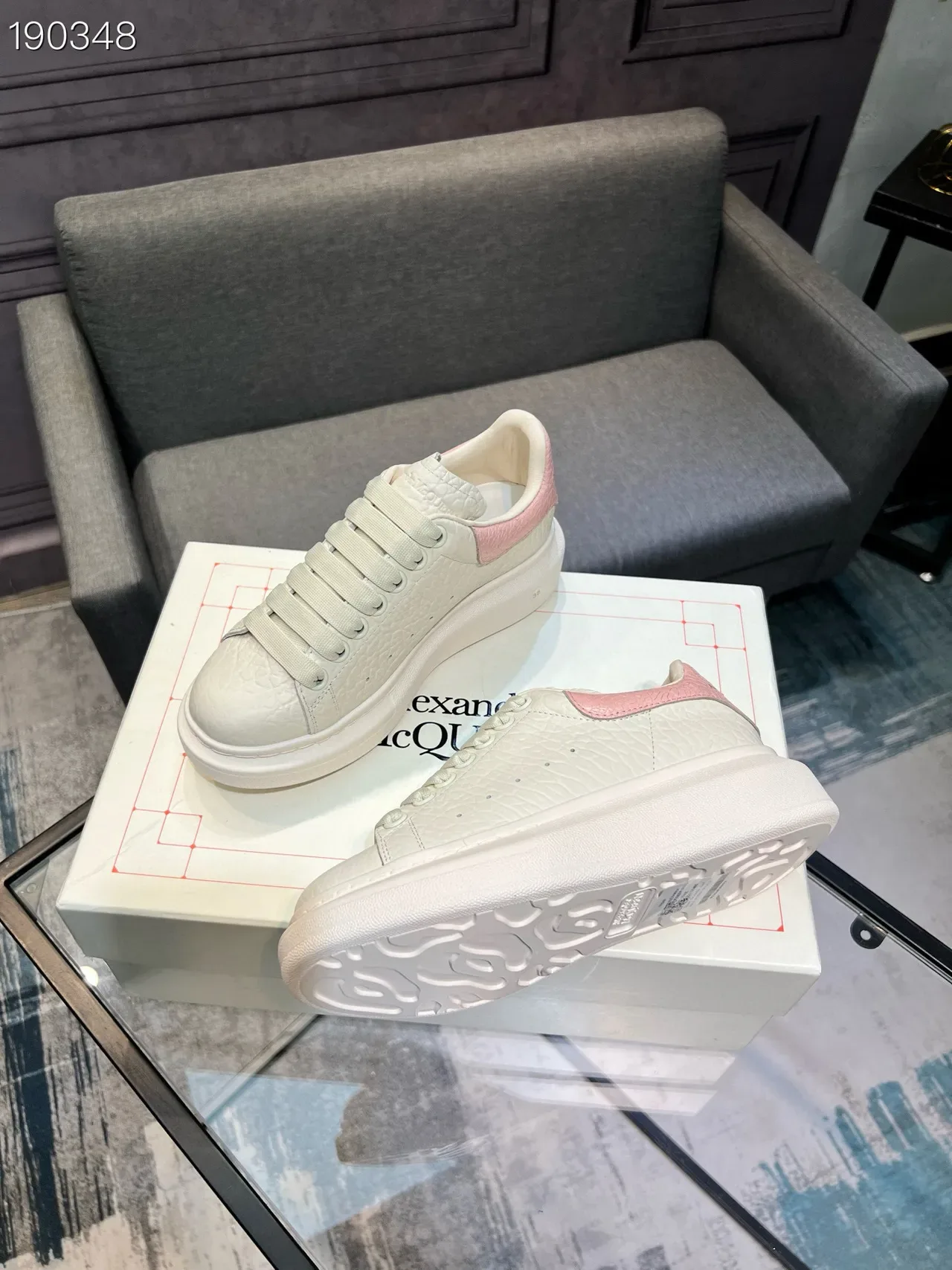 Alexander McQueen Oversized Sneaker White Pink Platform Croc-Embossed Leather Lifestyle Sneakers 8