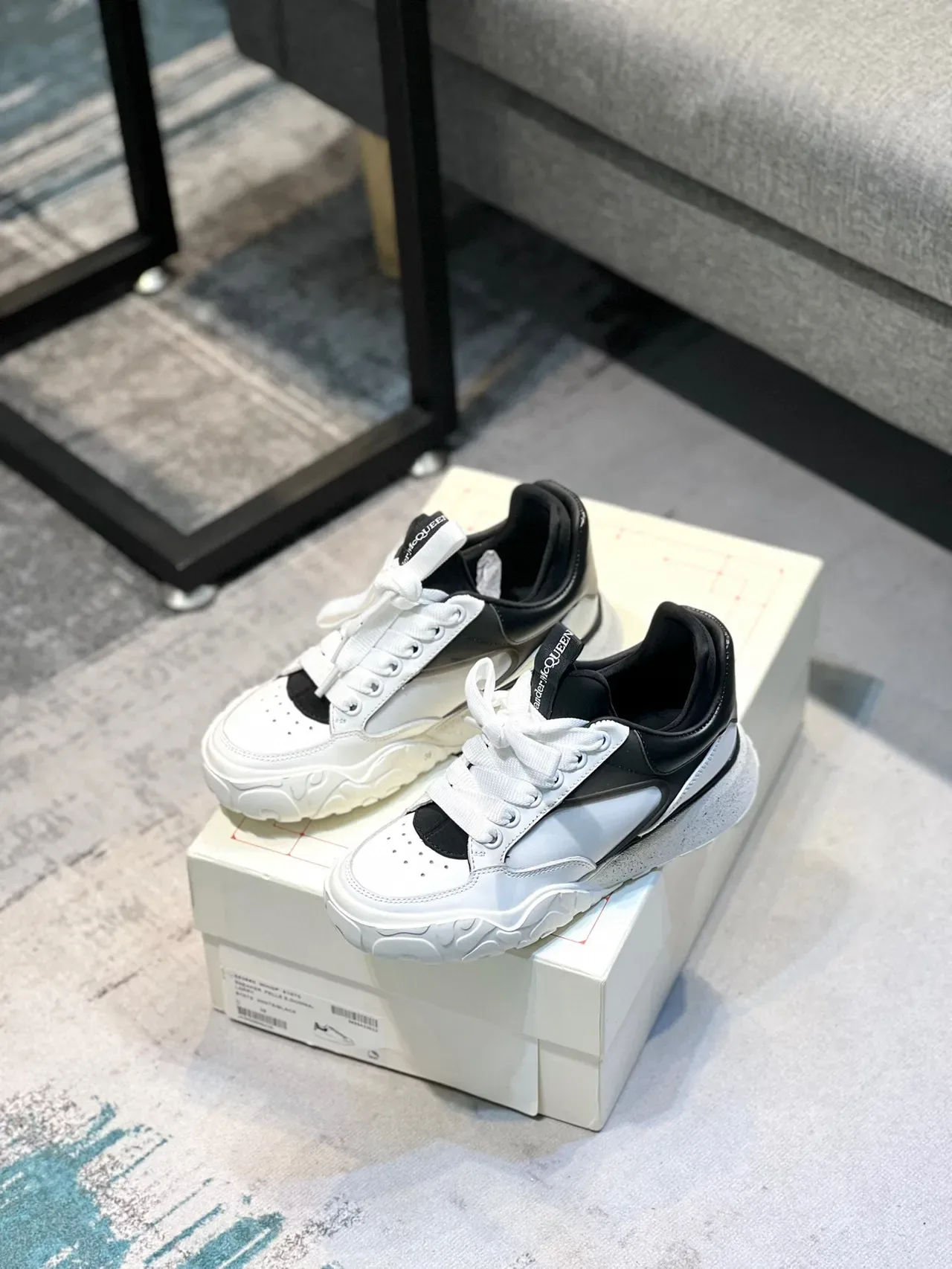 Alexander McQueen White Black Chunky Sculpted Sole Layered And Upper Lifestyle Sneakers 7