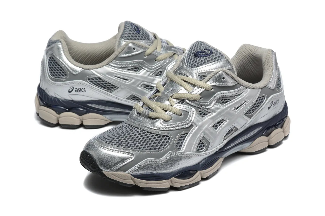 ASICS Silver Navy Metallic Synthetic Leather Blue Midsole Accent Running Shoes 2