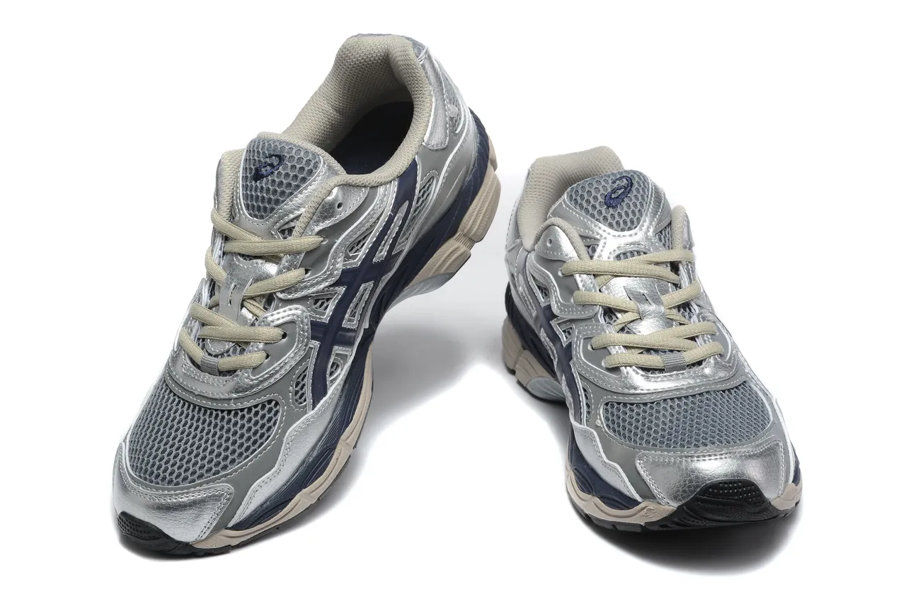 ASICS Silver Navy Metallic Synthetic Leather Blue Midsole Accent Running Shoes 3