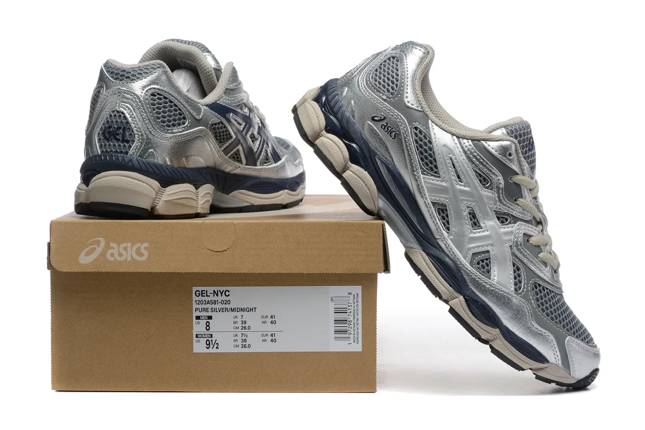 ASICS Silver Navy Metallic Synthetic Leather Blue Midsole Accent Running Shoes 6