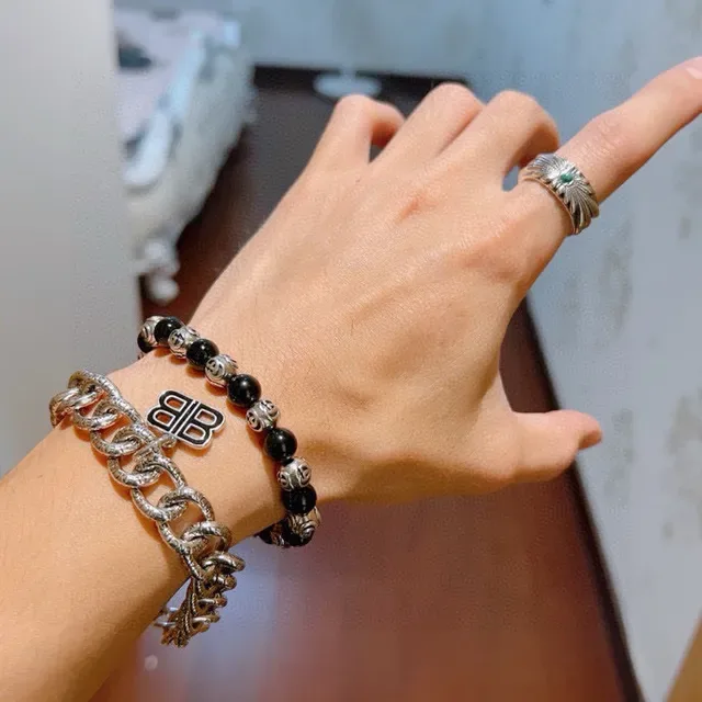 Balenciaga BB Chain Engraved Curb-Link Silver Bracelet 2