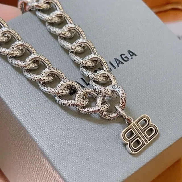 Balenciaga BB Chain Engraved Curb-Link Silver Bracelet 3