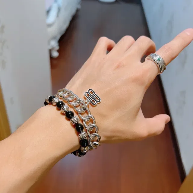Balenciaga BB Chain Engraved Curb-Link Silver Bracelet 7