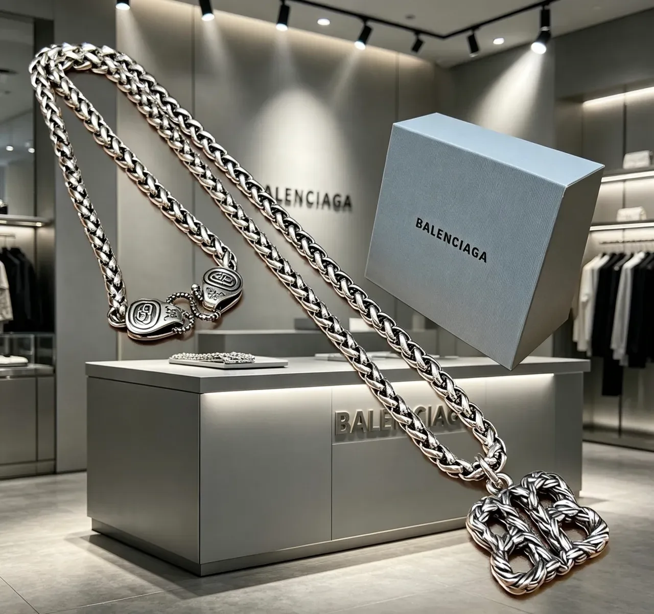 Balenciaga BB Chain 银色 Chunky Curb-Link Sculpted Interlocking Pendant 项链 9