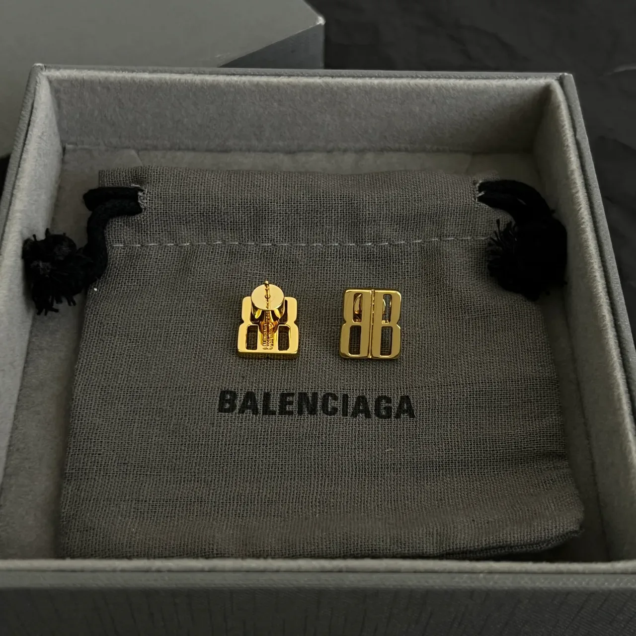 Balenciaga BB Logo Gold-Tone Rectangular Stud Earrings 4