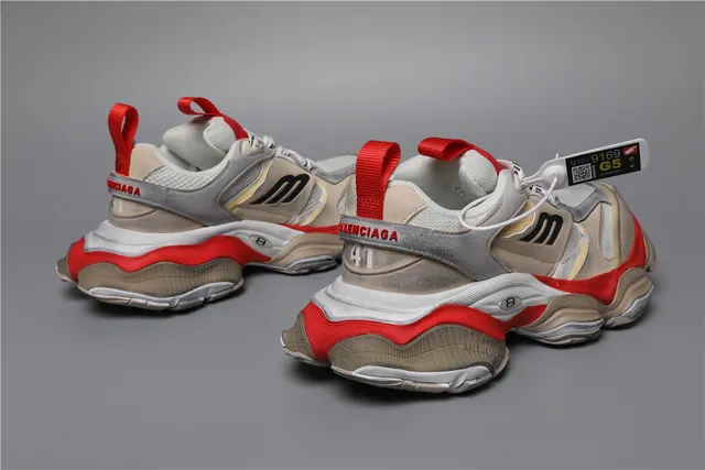Balenciaga Beige Rojo Suela en capas Parte superior mixta ante-malla Sneakers chunky 3