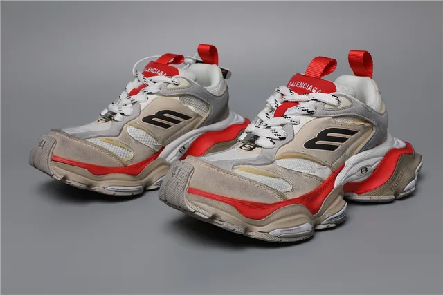 Balenciaga Beige Rojo Suela en capas Parte superior mixta ante-malla Sneakers chunky 5